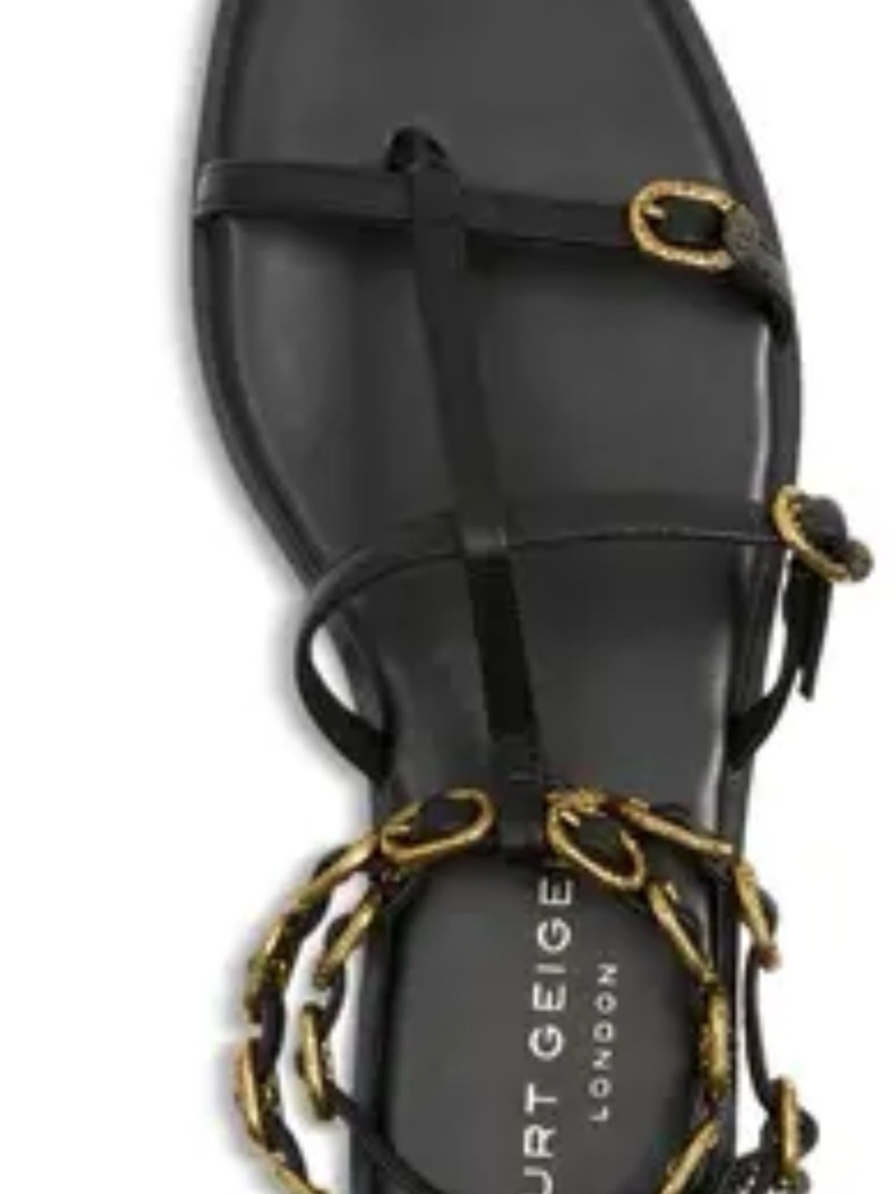 Kurt Geiger Black Leather T-Strap Sandals with Gold Chain Detail - Picture 3 of 5